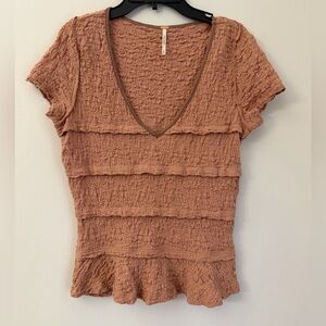 Free People ribbed ruffle lace v-neck t-shirt in terracotta-Brown A797